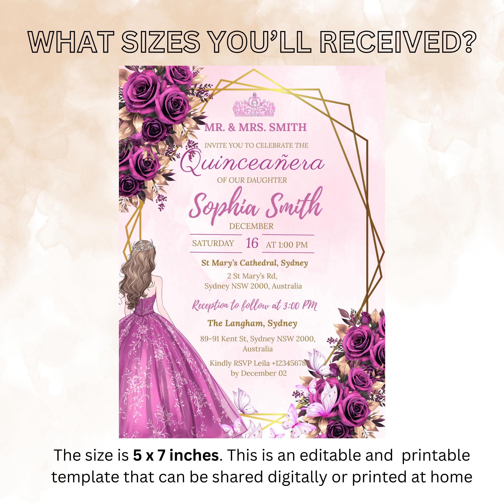 Digital Quinceañera Invitation Purple Gold Elegant Mis Quince Invite, Floral 15th Birthday Party, Quince Anos Invite, Sweet 15 Template