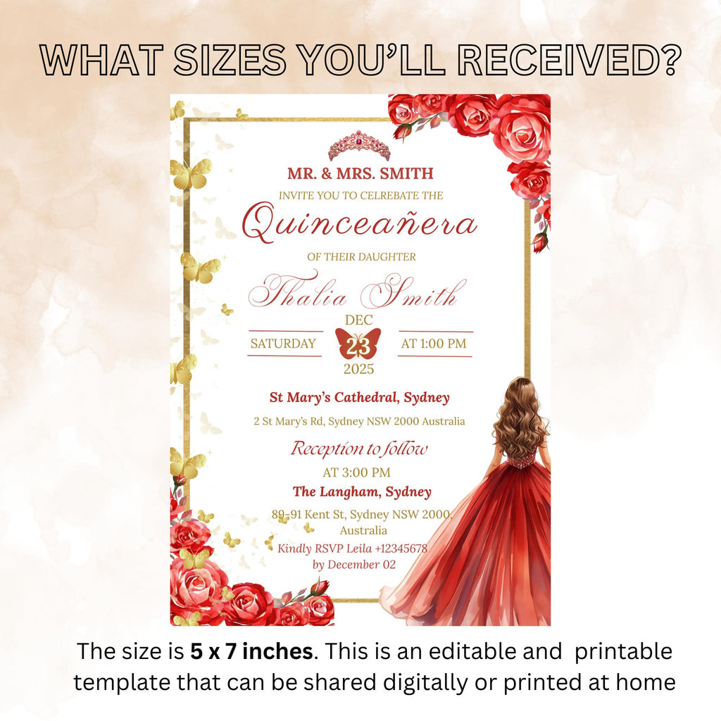 Editable Quinceañera Invitation Red Gold Elegant Mis Quince Invite, Floral 15th Birthday Party, Digital Quince Anos Invite Sweet 15 Template