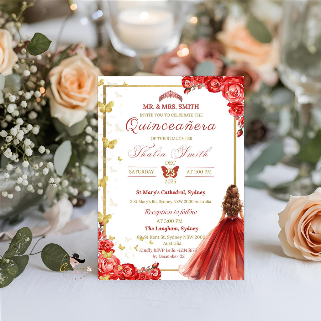 Editable Quinceañera Invitation Red Gold Elegant Mis Quince Invite, Floral 15th Birthday Party, Digital Quince Anos Invite Sweet 15 Template