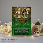 Digital 40th Birthday Invitation Green Gold 40th Birthday Dinner Invite with photo Woman Elegant Forty Birthday Party Printable Template