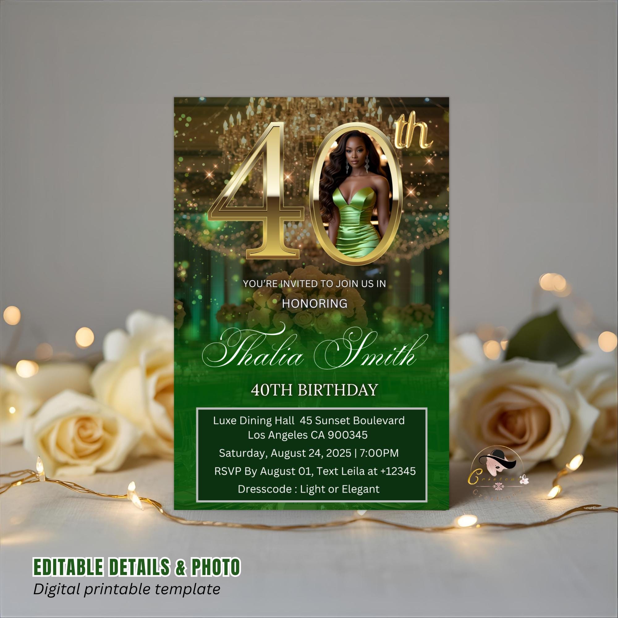 Digital 40th Birthday Invitation Green Gold 40th Birthday Dinner Invite with photo Woman Elegant Forty Birthday Party Printable Template