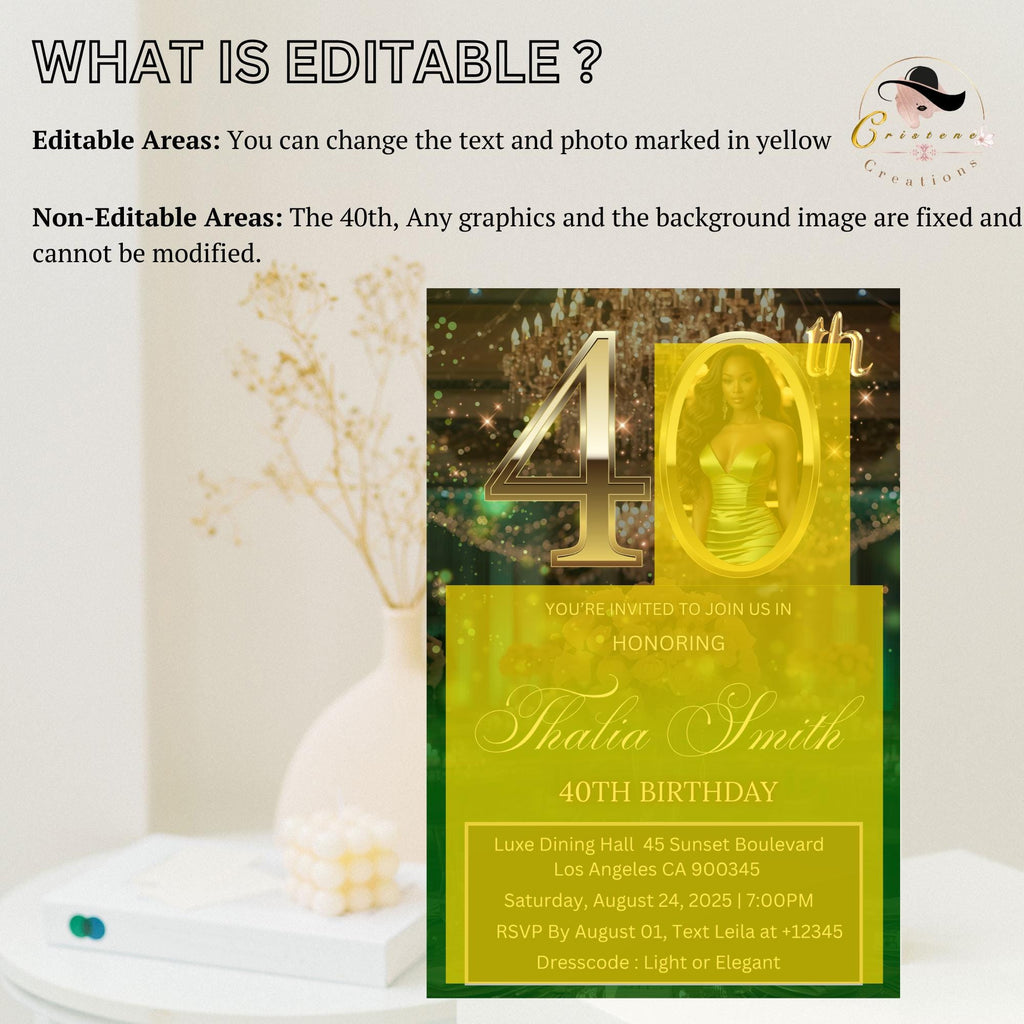 Digital 40th Birthday Invitation Green Gold 40th Birthday Dinner Invite with photo Woman Elegant Forty Birthday Party Printable Template