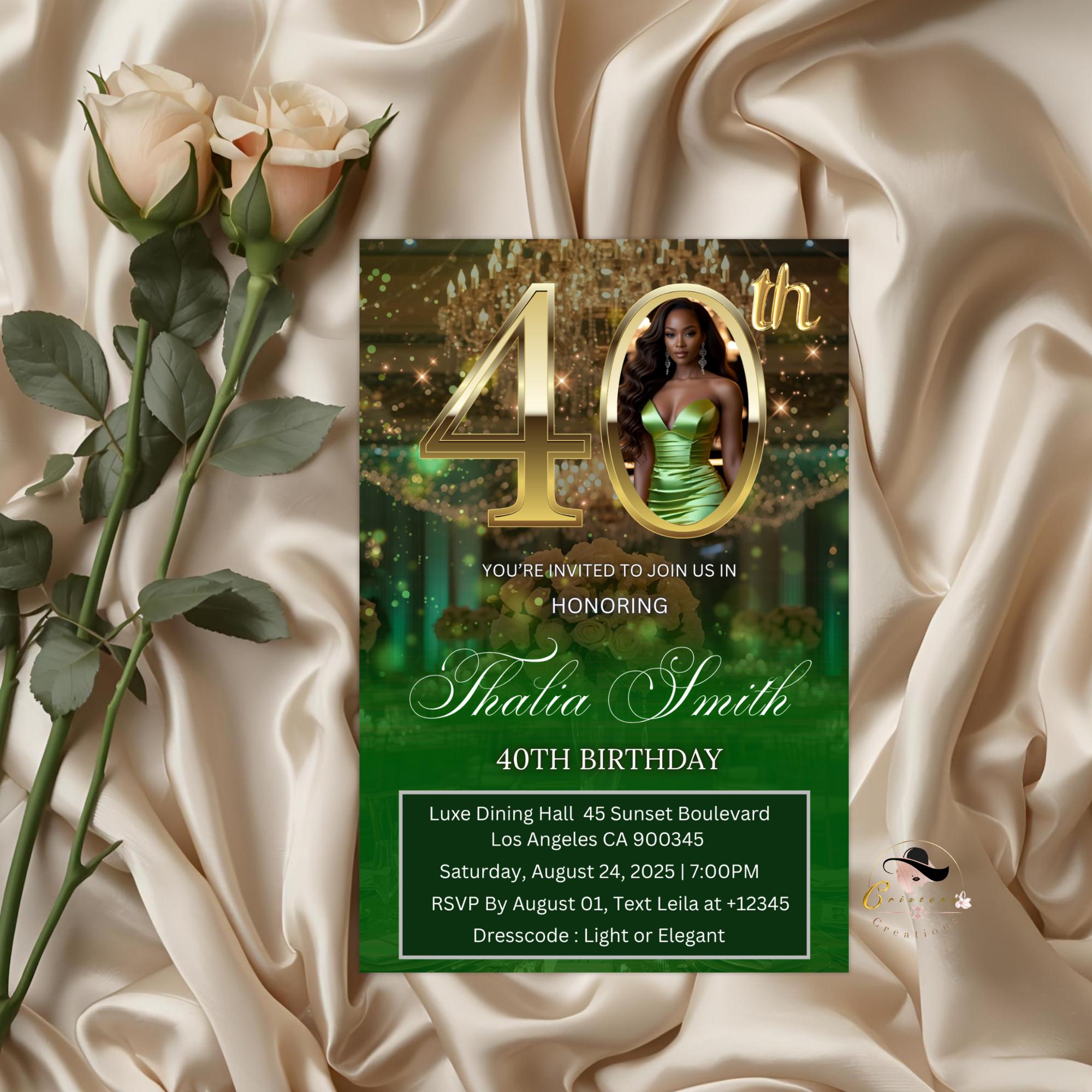 Digital 40th Birthday Invitation Green Gold 40th Birthday Dinner Invite with photo Woman Elegant Forty Birthday Party Printable Template