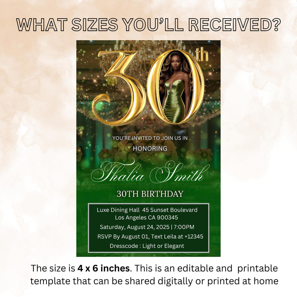 Editable 30th Birthday Invitation Green Gold Digital 30th Birthday Dinner invite with photo Woman Elegant Thirtieth Brunch Party Template