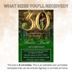 Editable 30th Birthday Invitation Green Gold Digital 30th Birthday Dinner invite with photo Woman Elegant Thirtieth Brunch Party Template