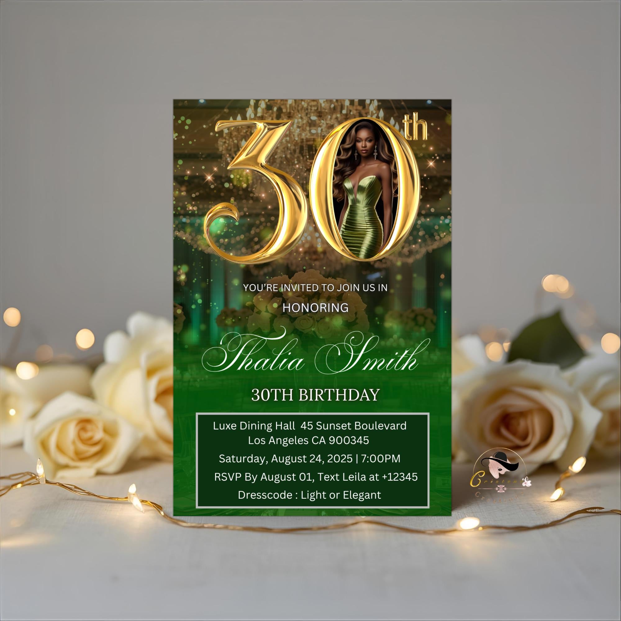 Editable 30th Birthday Invitation Green Gold Digital 30th Birthday Dinner invite with photo Woman Elegant Thirtieth Brunch Party Template