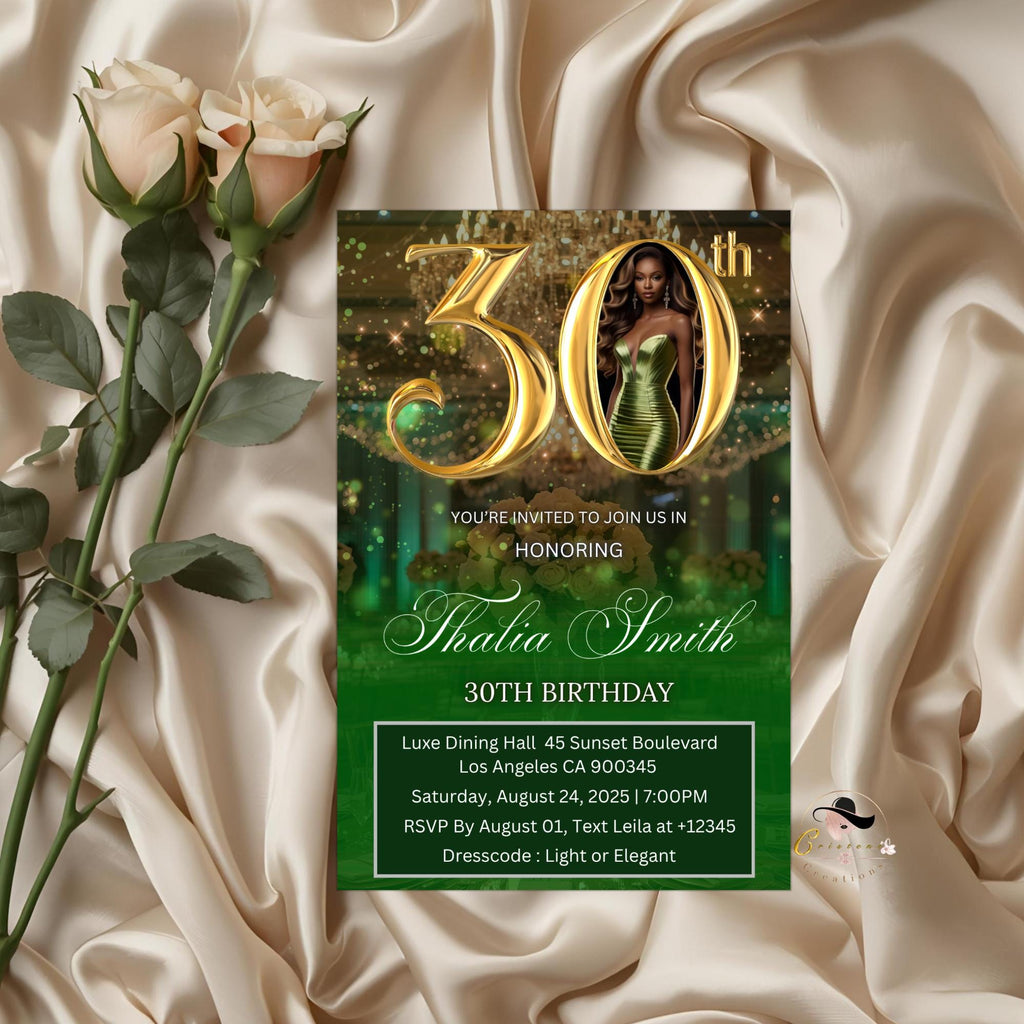 Editable 30th Birthday Invitation Green Gold Digital 30th Birthday Dinner invite with photo Woman Elegant Thirtieth Brunch Party Template