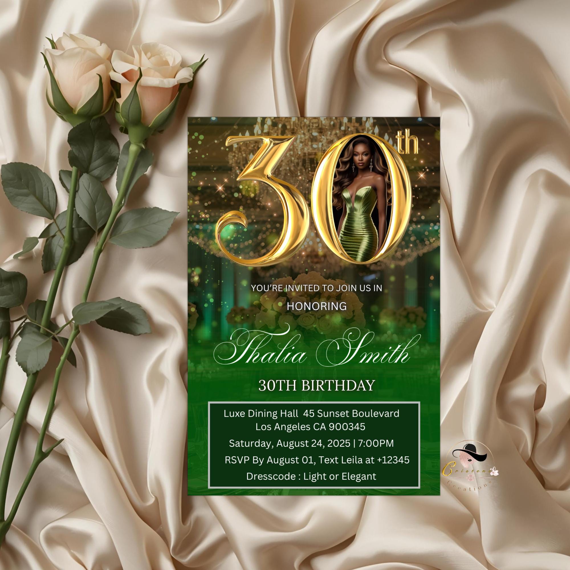 Editable 30th Birthday Invitation Green Gold Digital 30th Birthday Dinner invite with photo Woman Elegant Thirtieth Brunch Party Template