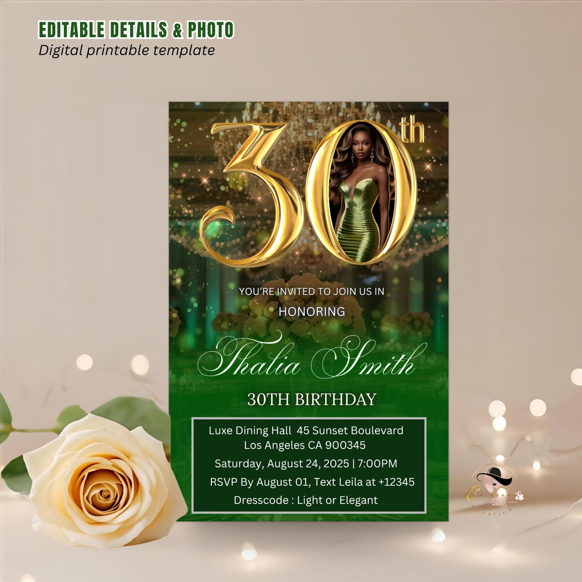 Editable 30th Birthday Invitation Green Gold Digital 30th Birthday Dinner invite with photo Woman Elegant Thirtieth Brunch Party Template