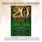 Editable 20th Birthday Invitation Green Gold Digital 20th Birthday Dinner invite with photo Woman Elegant Brunch Party Printable Template