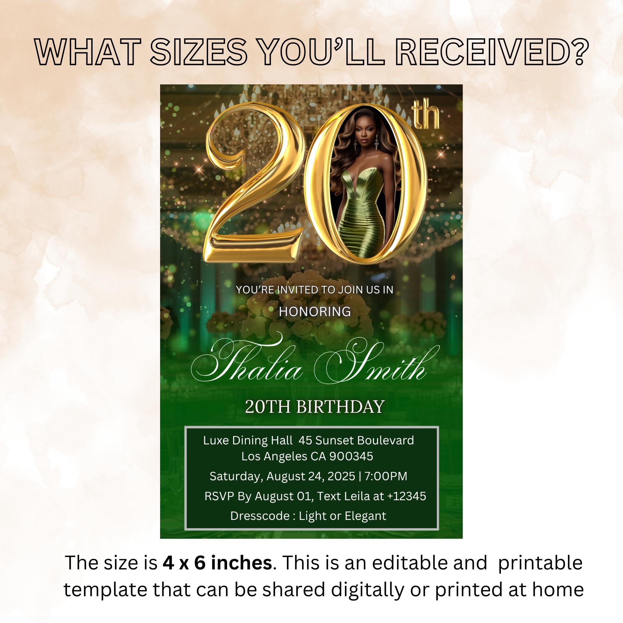 Editable 20th Birthday Invitation Green Gold Digital 20th Birthday Dinner invite with photo Woman Elegant Brunch Party Printable Template