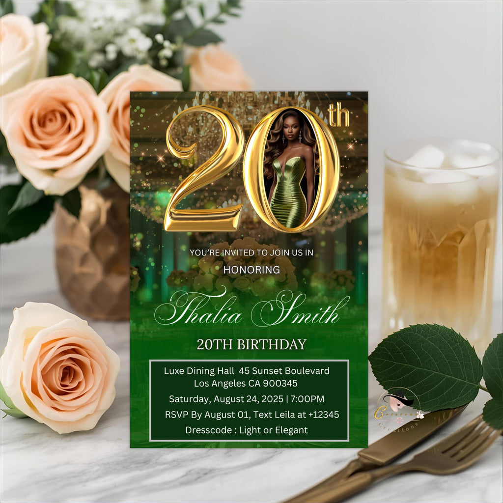 Editable 20th Birthday Invitation Green Gold Digital 20th Birthday Dinner invite with photo Woman Elegant Brunch Party Printable Template