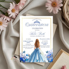 Blue Gold Quinceañera Invitation, Floral 15th Birthday (Editable Template)