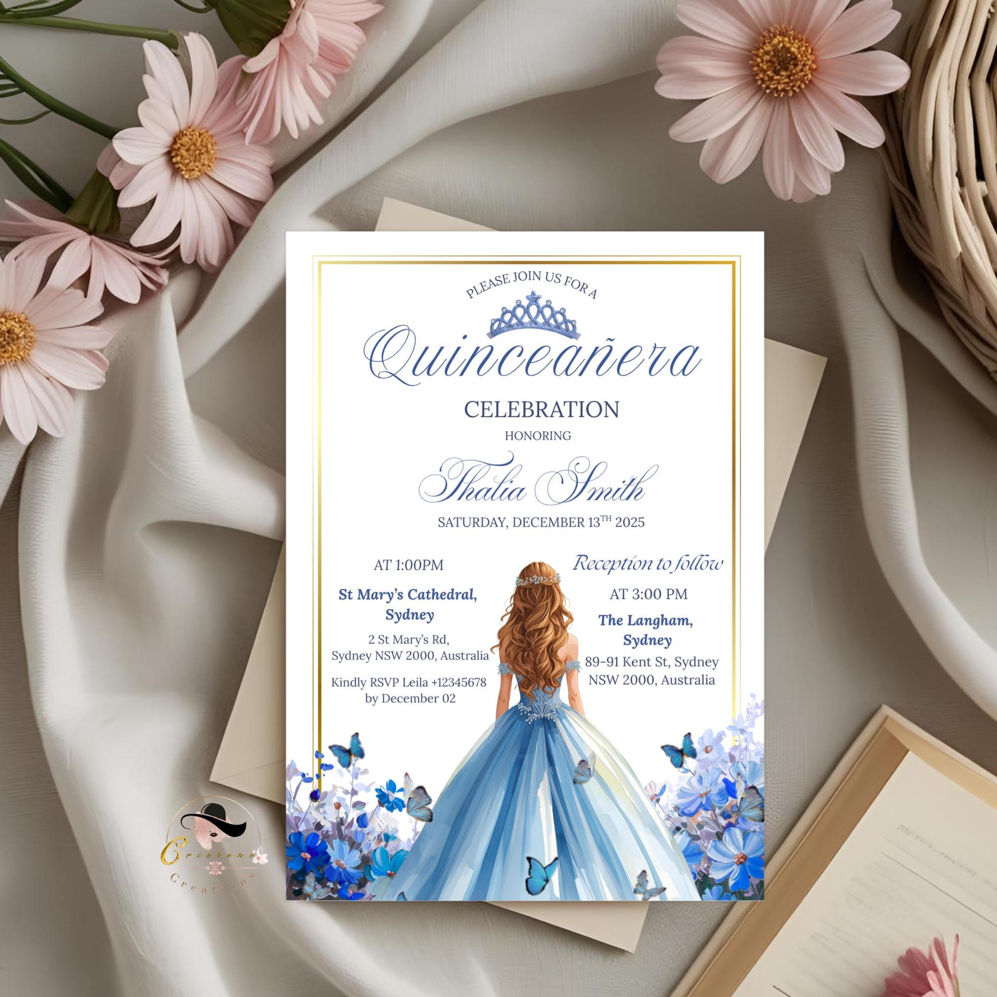 Blue Gold Quinceañera Invitation, Floral 15th Birthday (Editable Template)