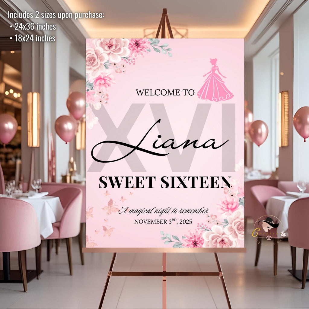 Pink Floral Sweet 16 Birthday Welcome Sign Template (Printable)