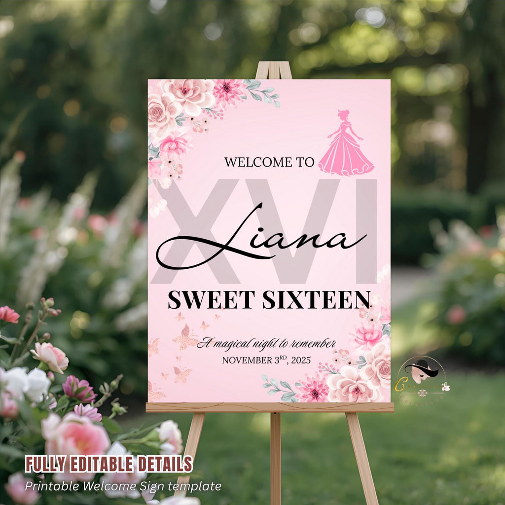 Pink Floral Sweet 16 Birthday Welcome Sign Template (Printable)