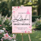 Pink Floral Sweet 16 Birthday Welcome Sign Template (Printable)