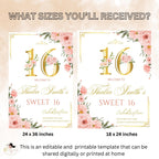Editable Sweet 16 Party Welcome Sign Pink Gold Floral 16th Birthday Brunch Sign Printable Elegant Sweet Sixteen Welcome Poster Sign Template