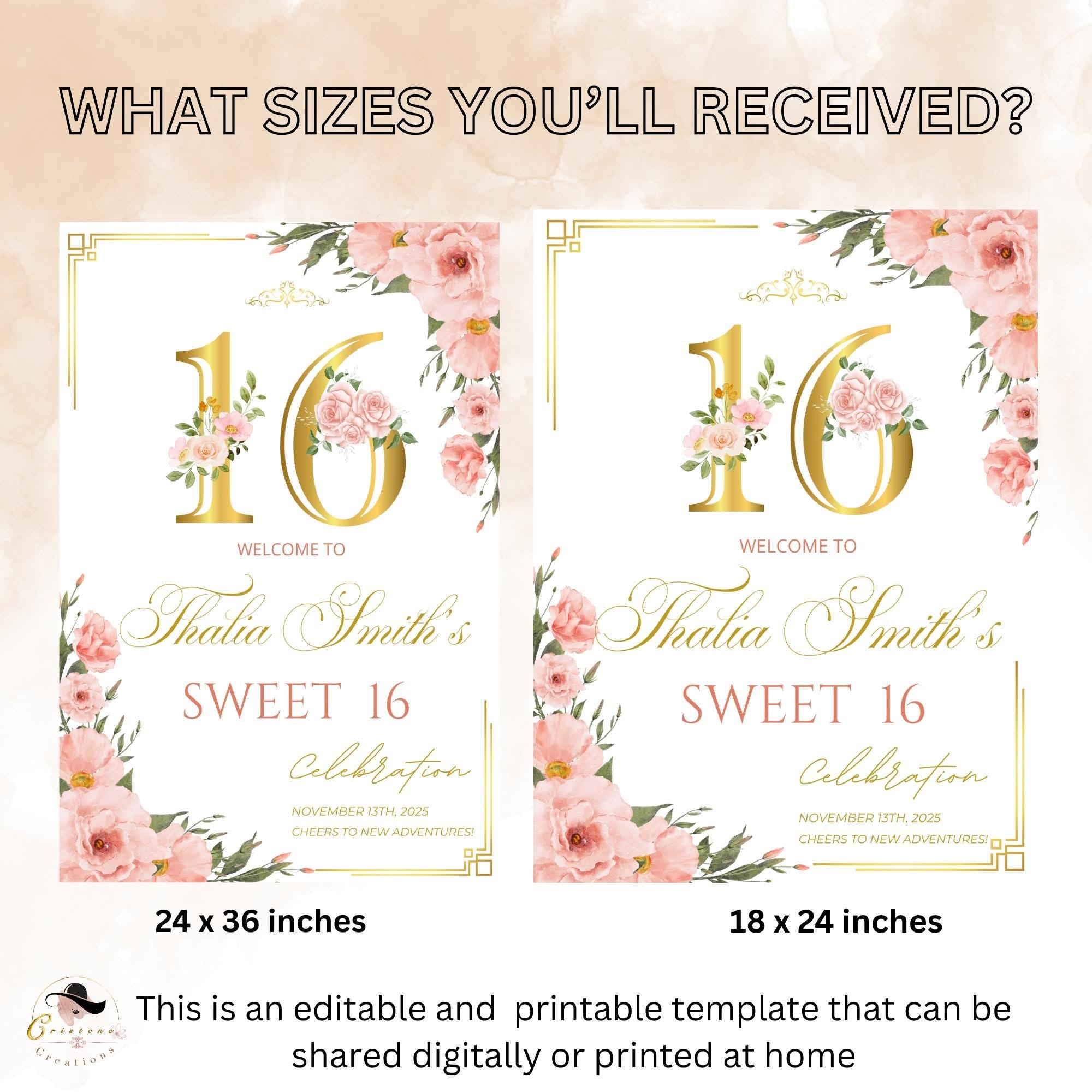 Editable Sweet 16 Party Welcome Sign Pink Gold Floral 16th Birthday Brunch Sign Printable Elegant Sweet Sixteen Welcome Poster Sign Template