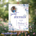 Editable Sweet 16 Party Welcome Sign with photo Blue Floral 16th Birthday Brunch Sign Printable Elegant Sweet Sixteen Poster Sign Template