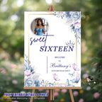 Editable Sweet 16 Party Welcome Sign with photo Blue Floral 16th Birthday Brunch Sign Printable Elegant Sweet Sixteen Poster Sign Template