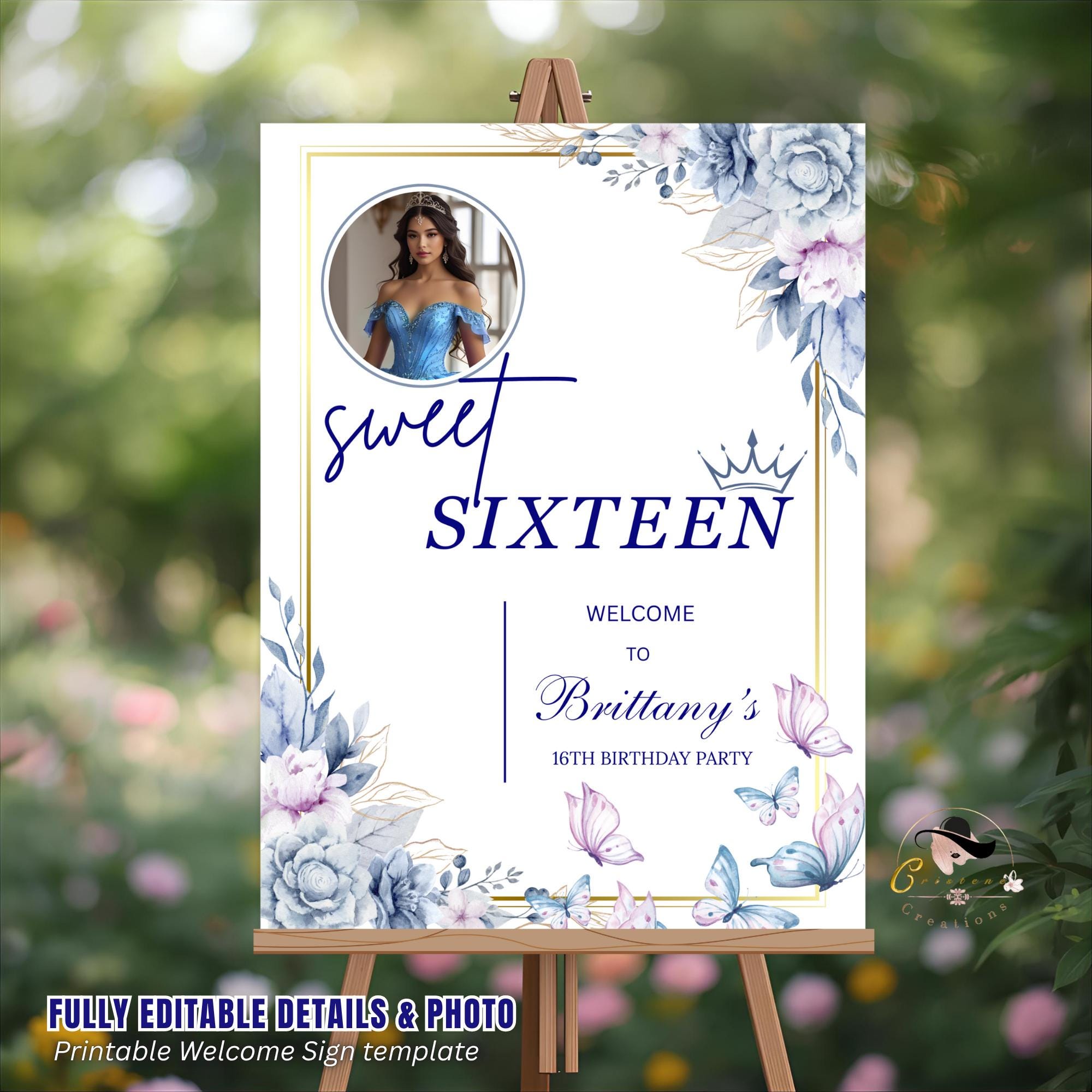 Editable Sweet 16 Party Welcome Sign with photo Blue Floral 16th Birthday Brunch Sign Printable Elegant Sweet Sixteen Poster Sign Template