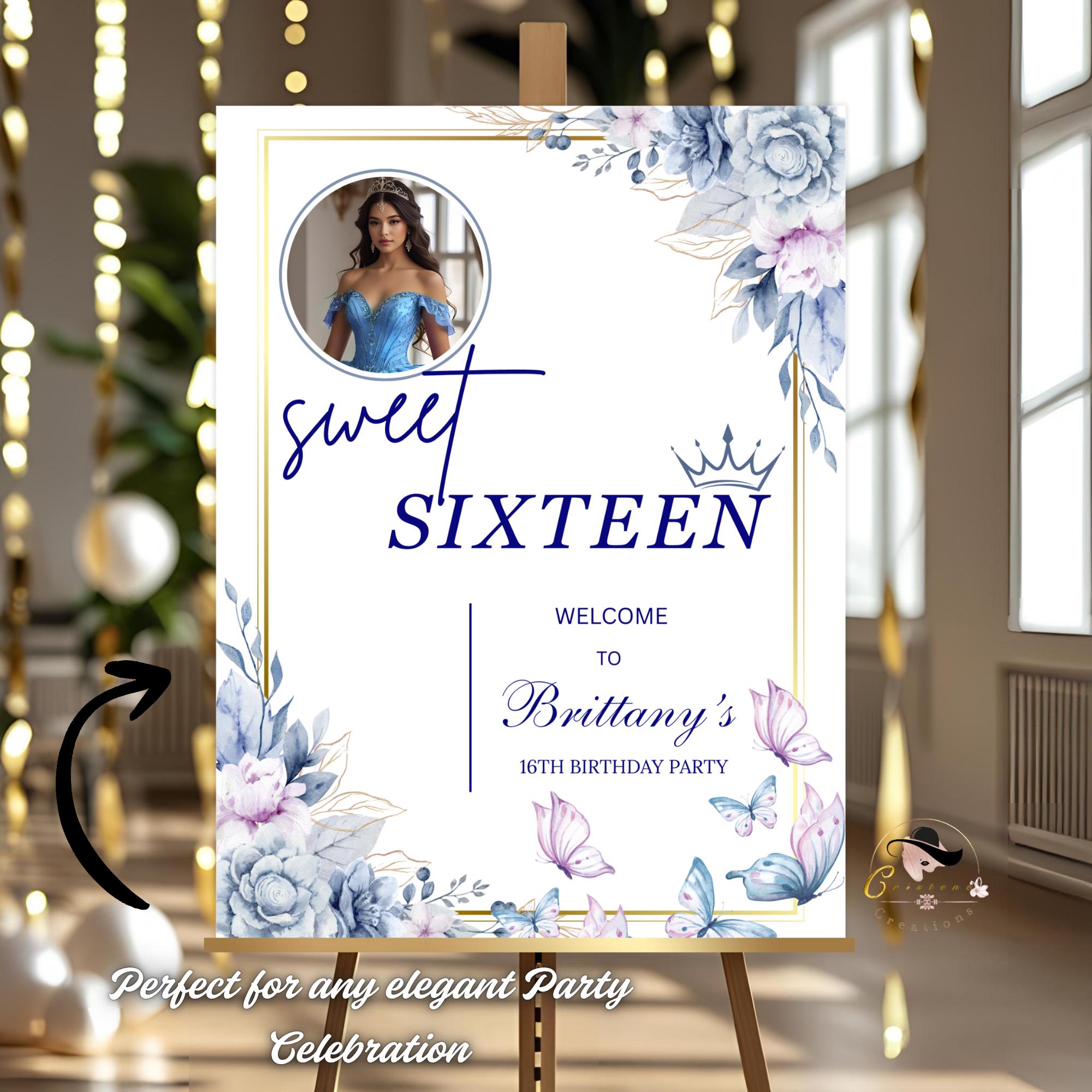 Editable Sweet 16 Party Welcome Sign with photo Blue Floral 16th Birthday Brunch Sign Printable Elegant Sweet Sixteen Poster Sign Template
