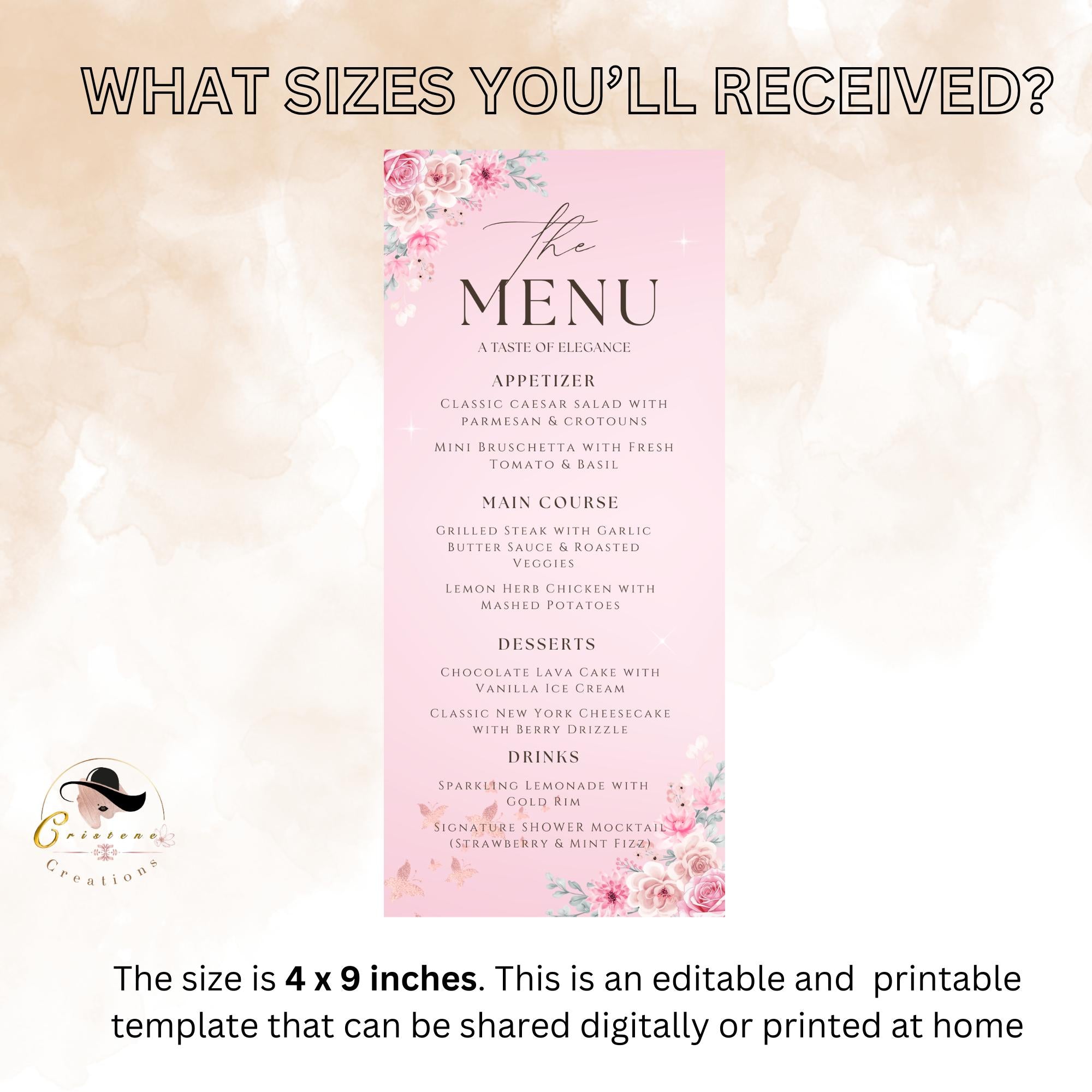 Pink Floral Menu Template, Elegant Sweet 16 Party Menu, Printable (Digital Download)