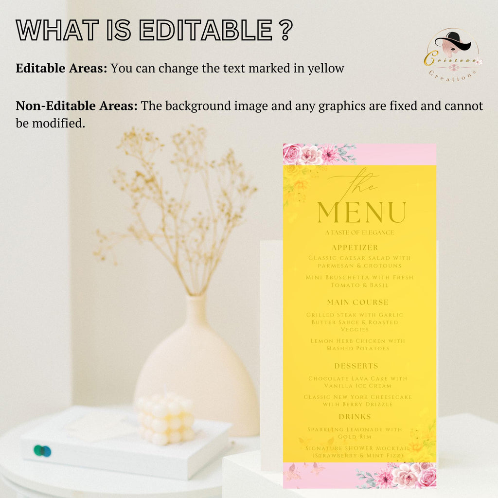 Pink Floral Menu Template, Elegant Sweet 16 Party Menu, Printable (Digital Download)