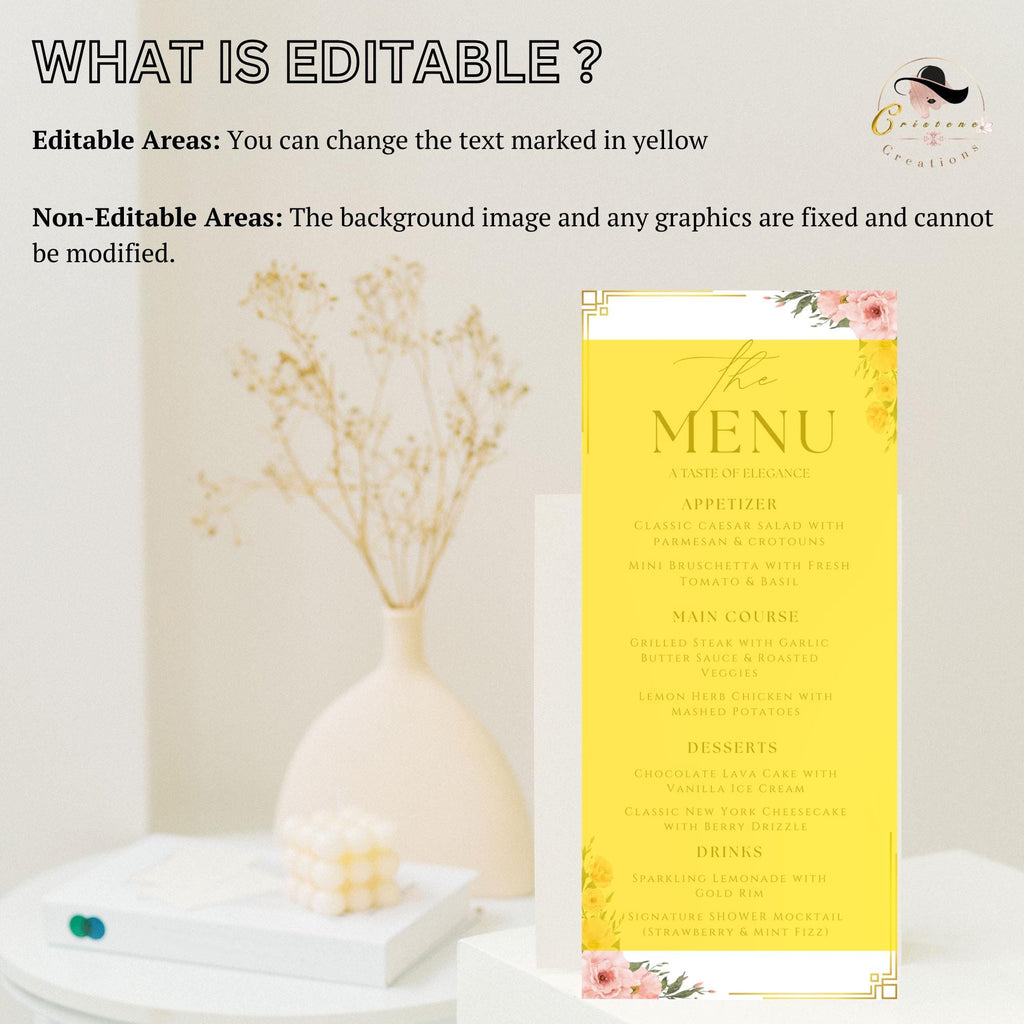 Editable Birthday Party Menu Template Floral Dinner Menu Card Printable, Retirement Party Menu, Brunch Food Menu Elegant Sweet 16 Party Menu