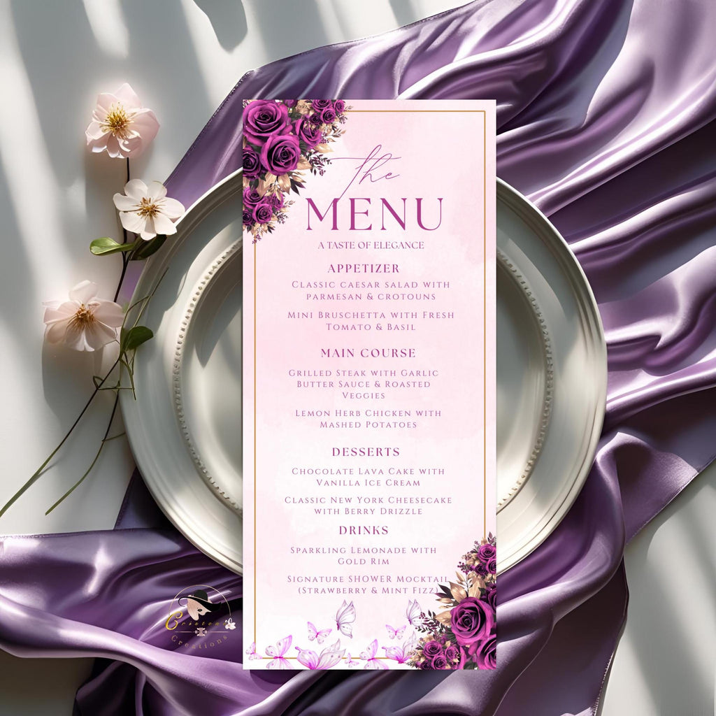 Editable Birthday Party Menu Template Floral Dinner Menu Card Printable Retirement Party Menu, Brunch Menu, Elegant Quinceañera Party Menu