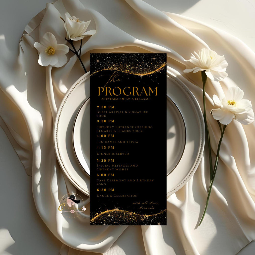 Editable Menu and Program Template Black Gold Birthday Party Program card Printable Luxury Woman Party Menu with photo, Table Menu Decor