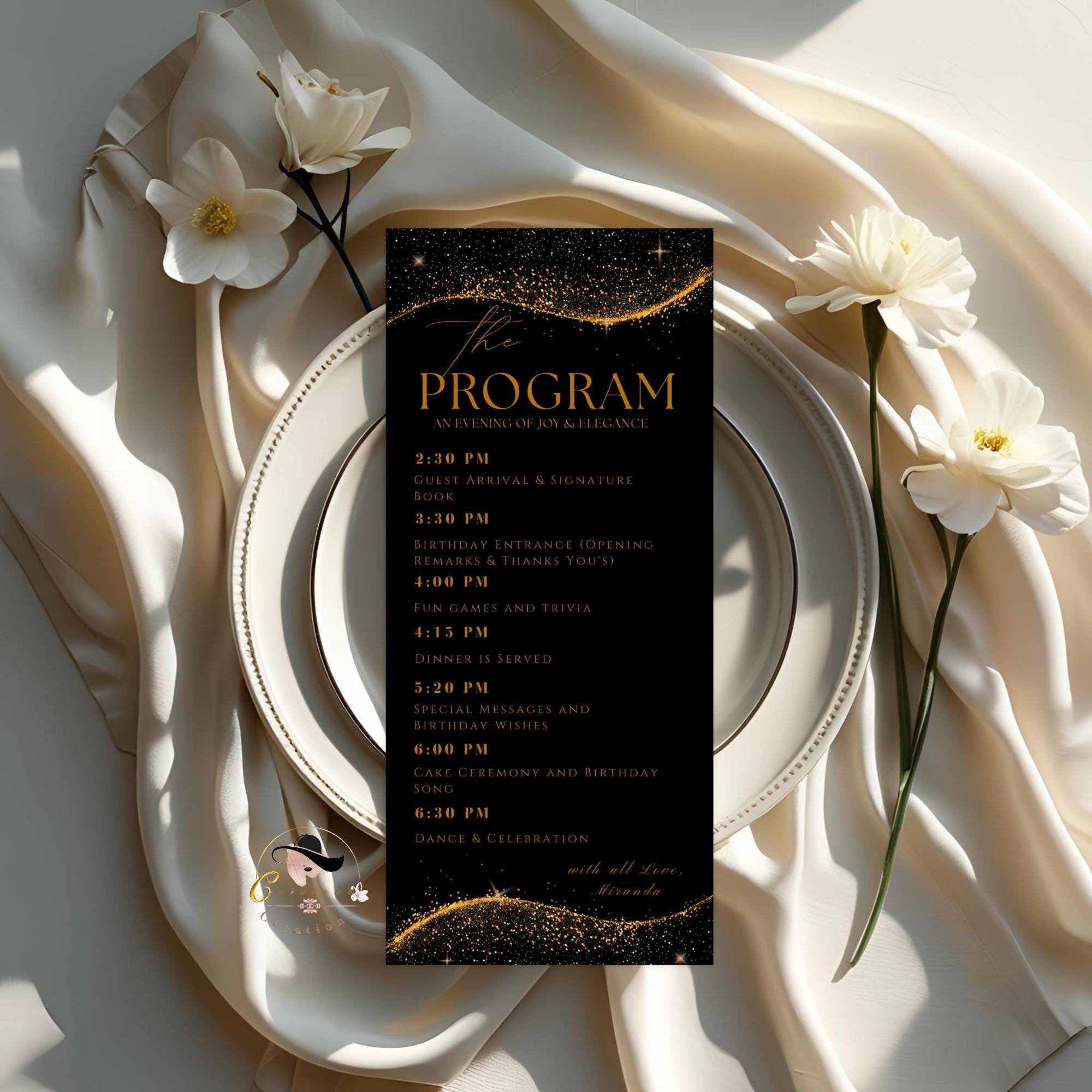 Editable Menu and Program Template Black Gold Birthday Party Program card Printable Luxury Woman Party Menu with photo, Table Menu Decor