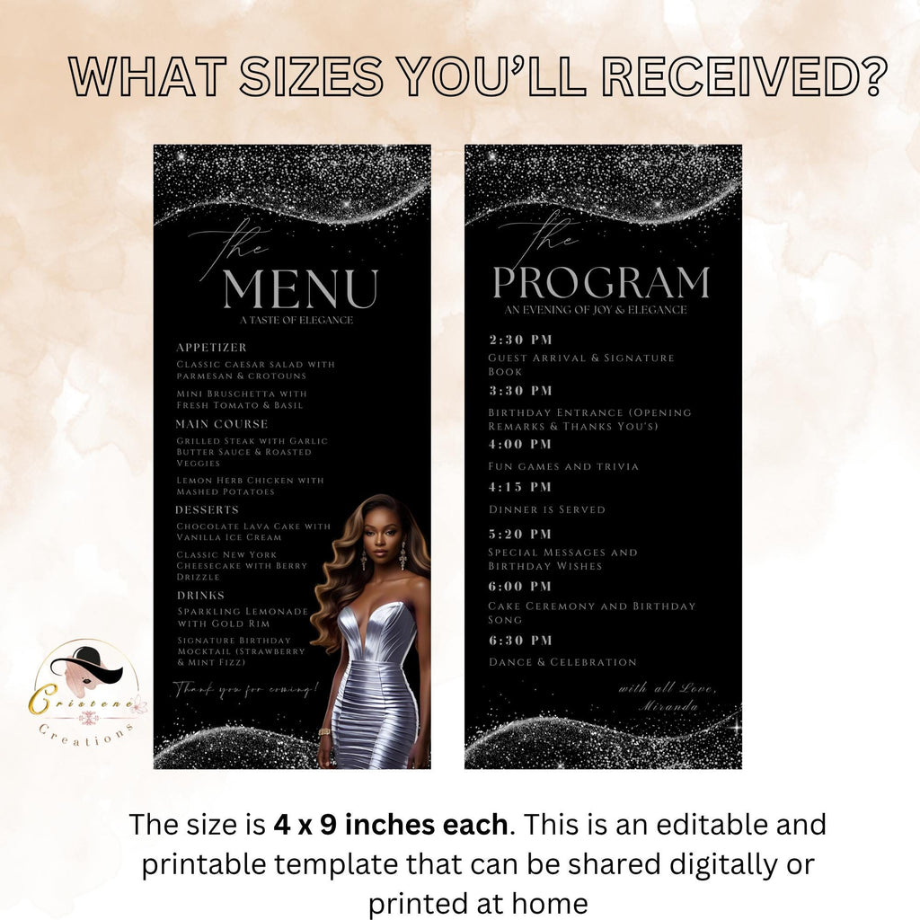 Editable Menu and Program Template Black Silver Birthday Dinner Menu card Printable Retirement Party Program with photo Adult Party Menu