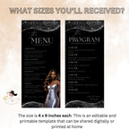 Editable Menu and Program Template Black Silver Birthday Dinner Menu card Printable Retirement Party Program with photo Adult Party Menu
