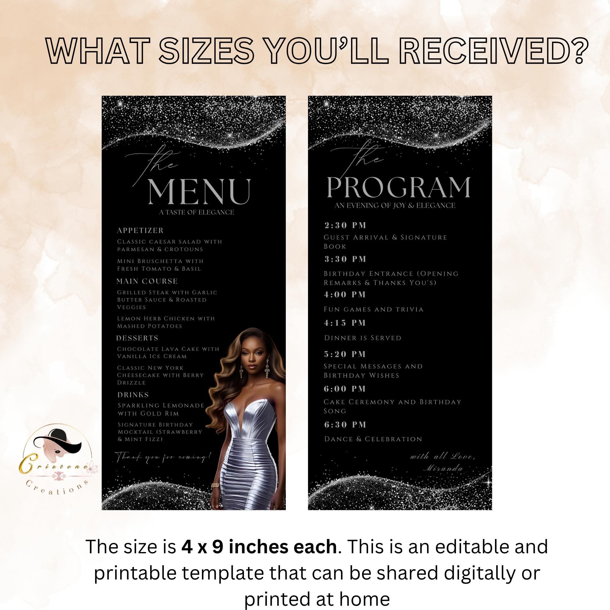 Editable Menu and Program Template Black Silver Birthday Dinner Menu card Printable Retirement Party Program with photo Adult Party Menu