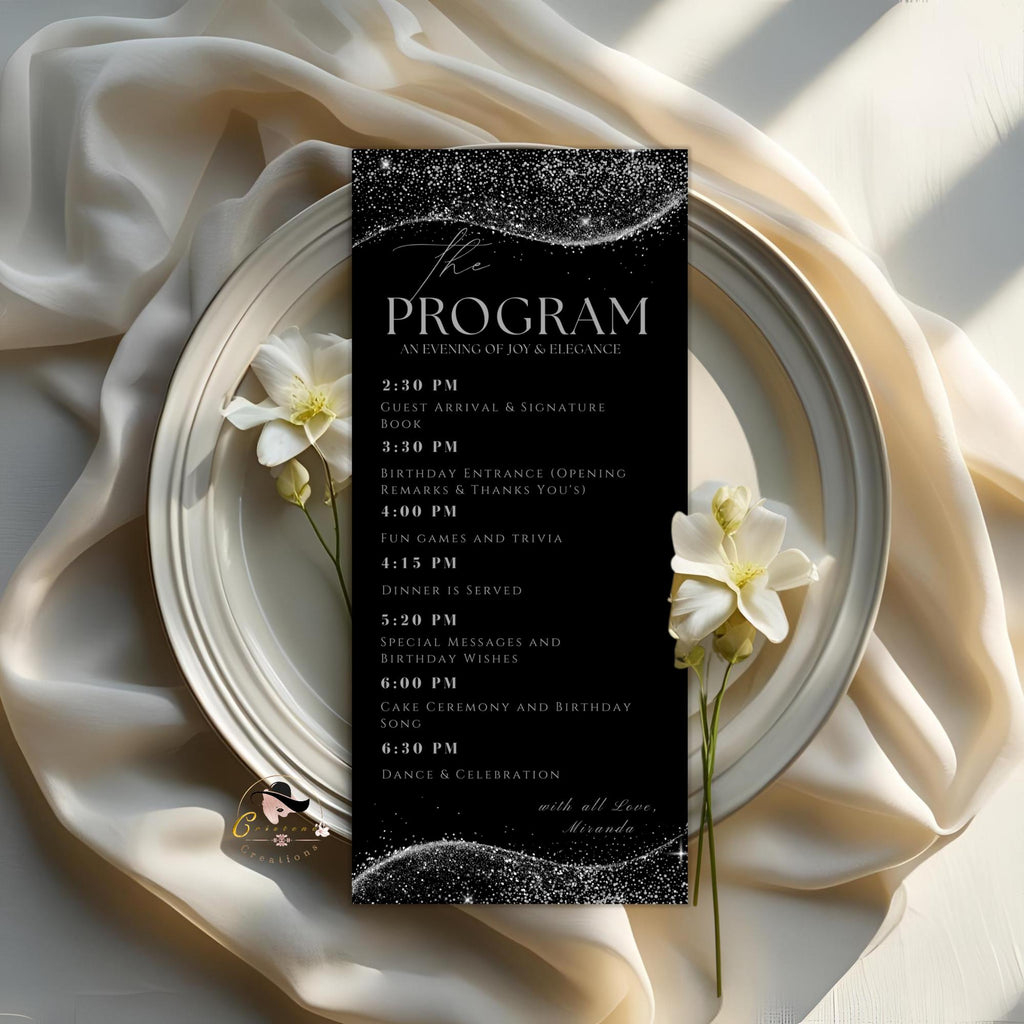Editable Menu and Program Template Black Silver Birthday Dinner Menu card Printable Retirement Party Program with photo Adult Party Menu