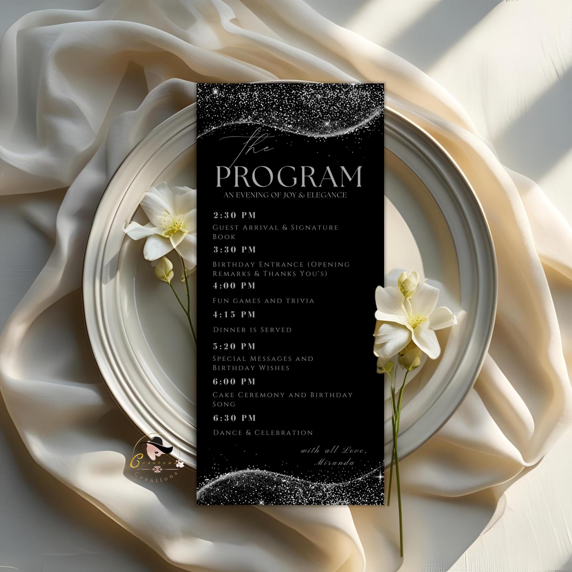 Editable Menu and Program Template Black Silver Birthday Dinner Menu card Printable Retirement Party Program with photo Adult Party Menu