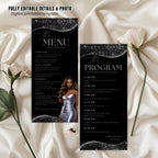 Editable Menu and Program Template Black Silver Birthday Dinner Menu card Printable Retirement Party Program with photo Adult Party Menu