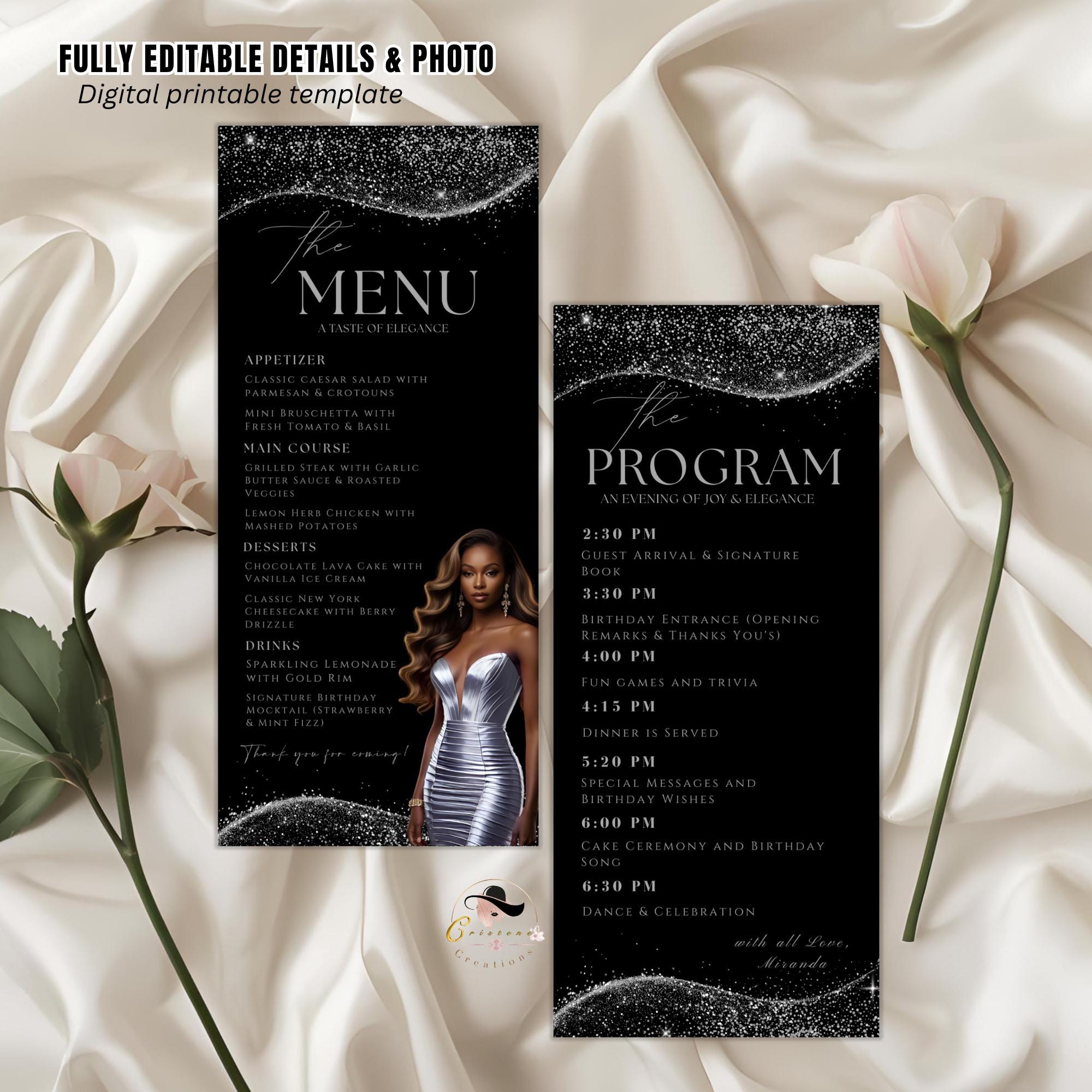 Editable Menu and Program Template Black Silver Birthday Dinner Menu card Printable Retirement Party Program with photo Adult Party Menu