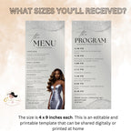 Editable Menu and Program Template White Silver Birthday Dinner Menu card Printable Retirement Party Program with photo, Glam Party Menu