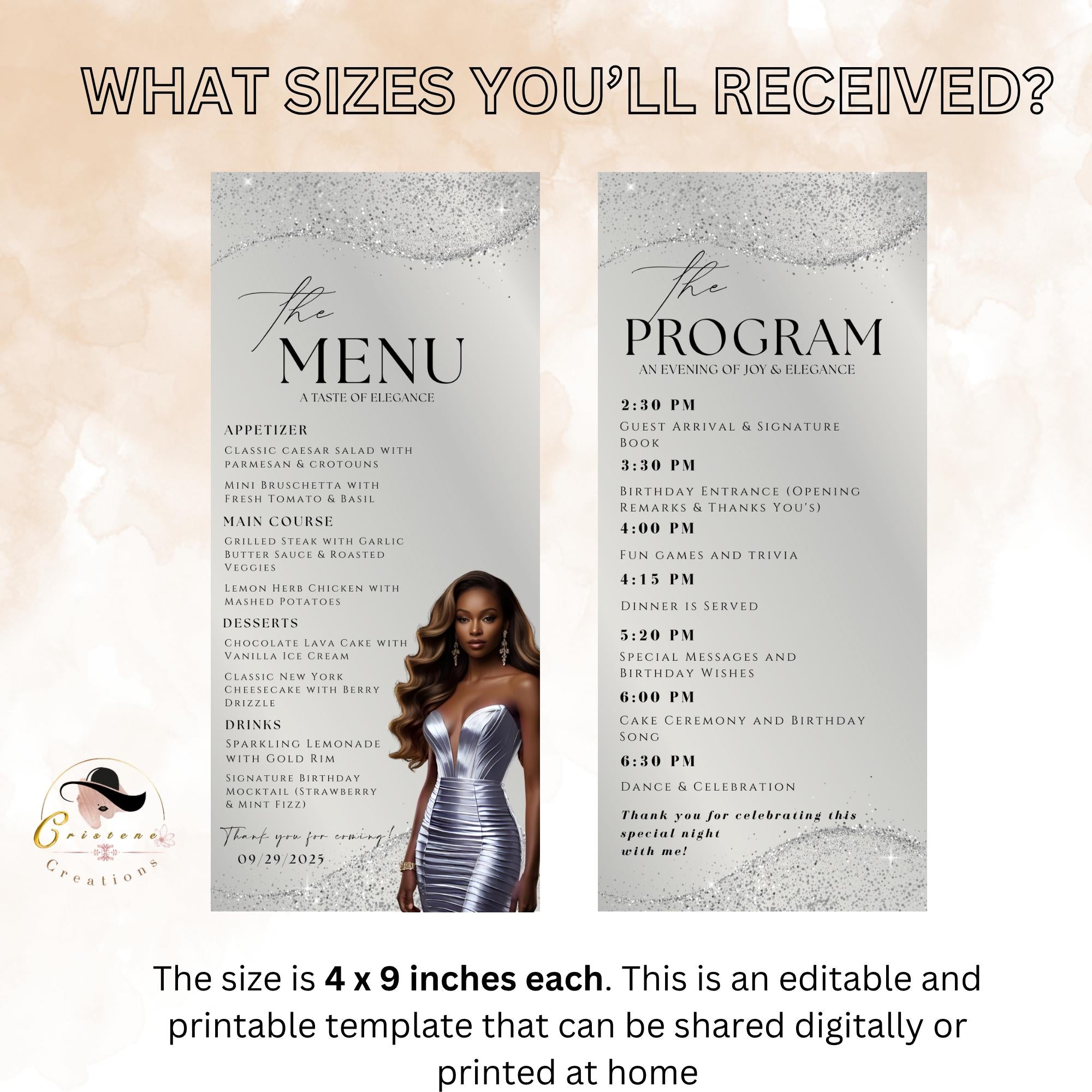 Editable Menu and Program Template White Silver Birthday Dinner Menu card Printable Retirement Party Program with photo, Glam Party Menu