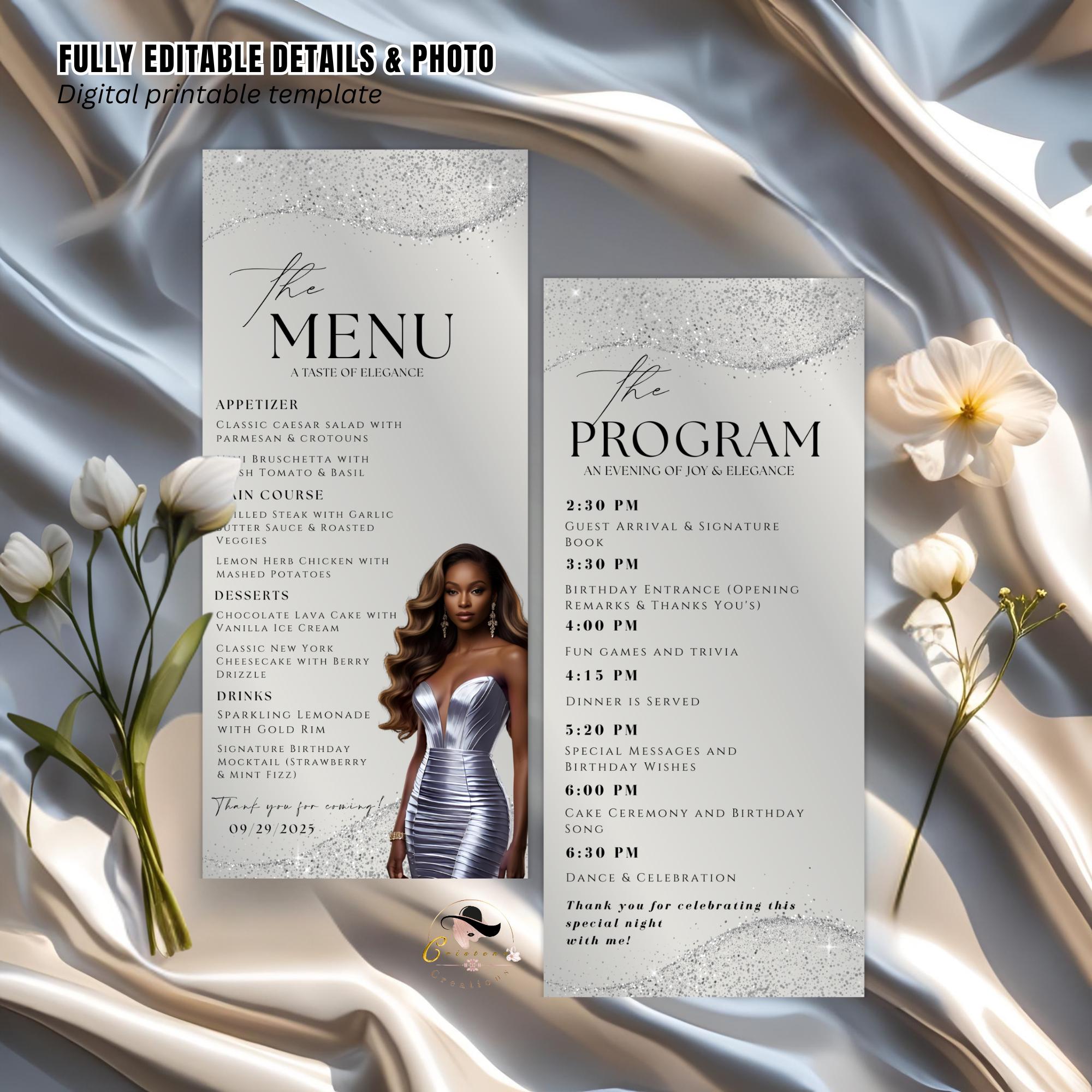 Editable Menu and Program Template White Silver Birthday Dinner Menu card Printable Retirement Party Program with photo, Glam Party Menu