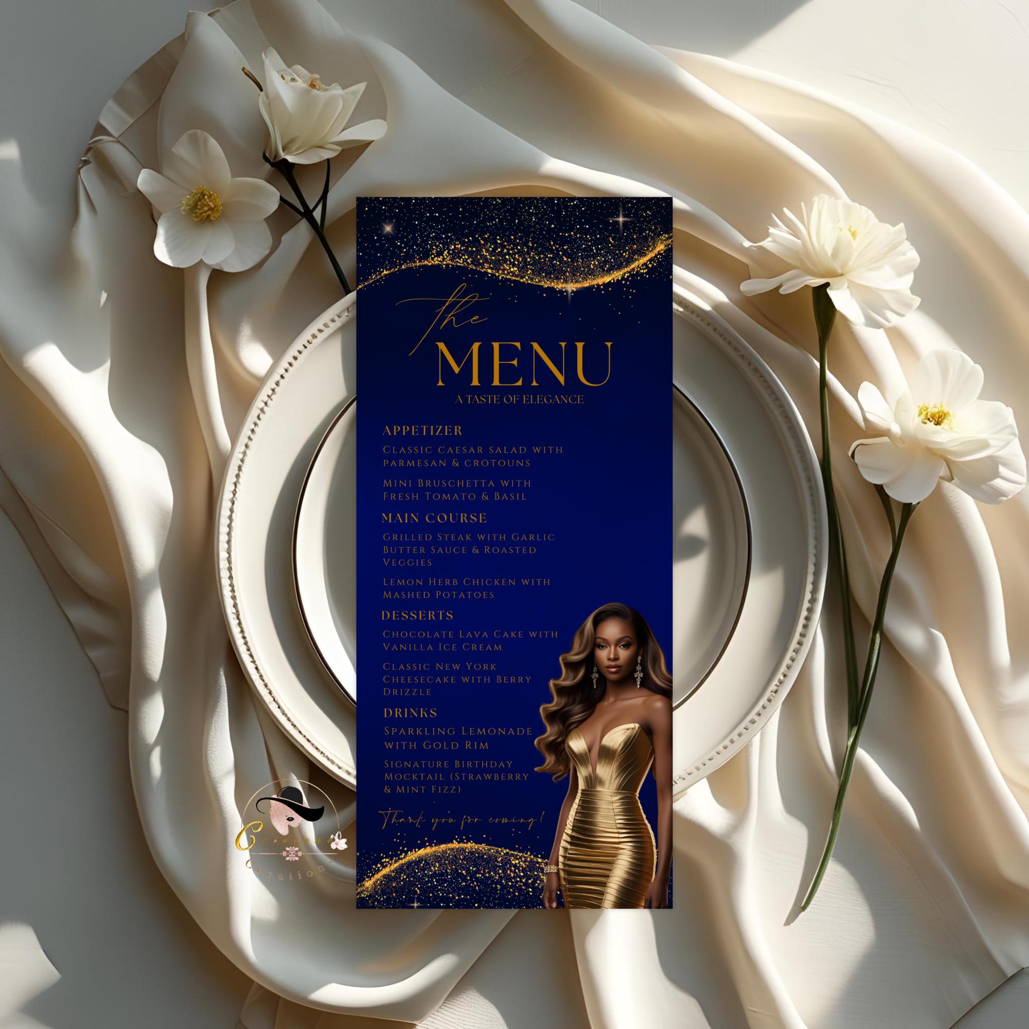 Blue Gold Menu and Program Template,  Birthday Dinner Menu cards with photo Retirement Party, Program Card Template, Order of events