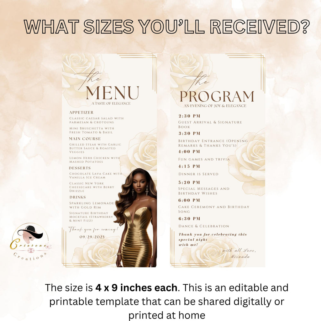Editable Menu and Program Template White Gold Birthday Dinner Menu cards with photo Retirement Party Program Printable Adult Floral Menu