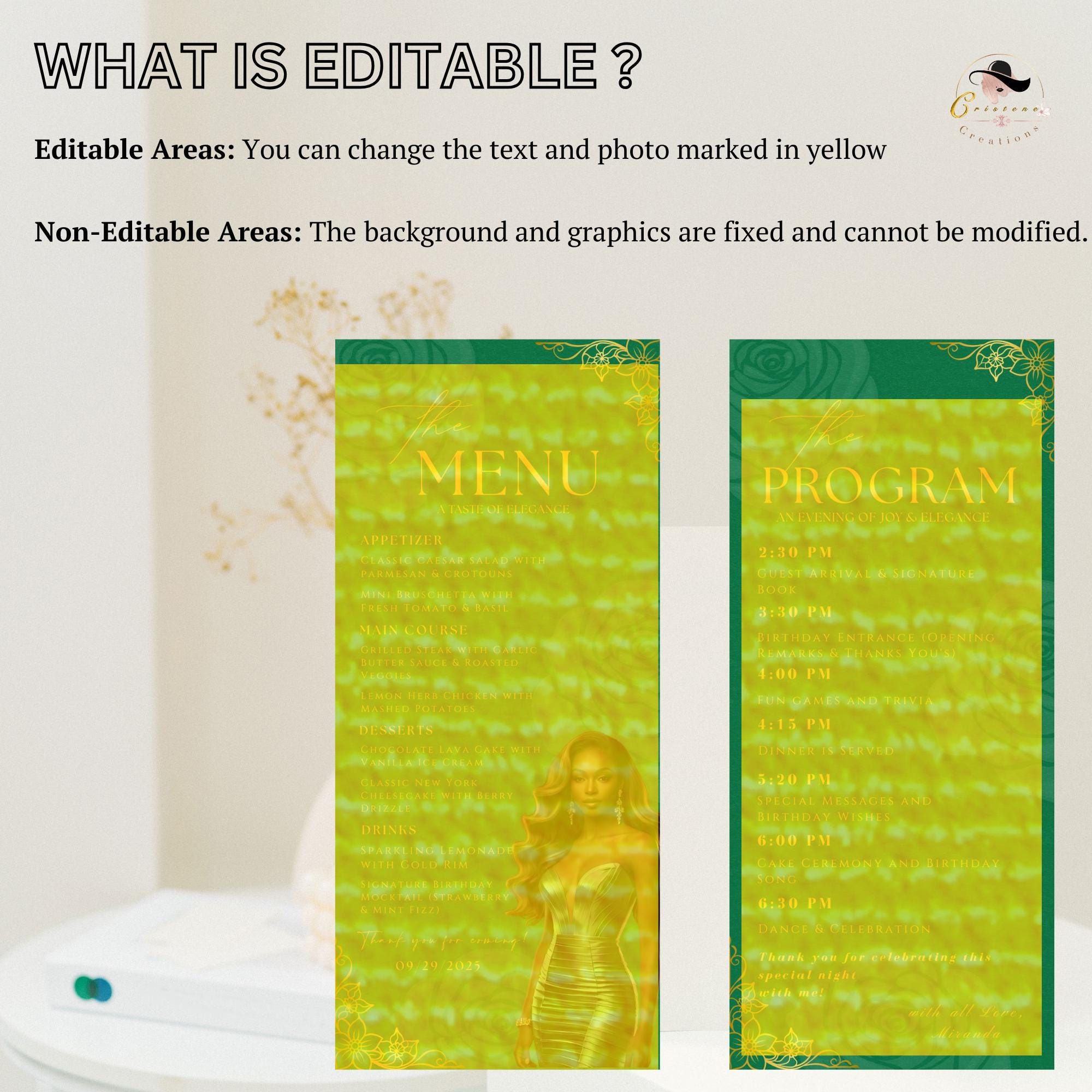 Editable Menu and Program Template Green Gold Birthday Dinner Menu cards with photo Retirement Party Program Printable Adult Floral Menu