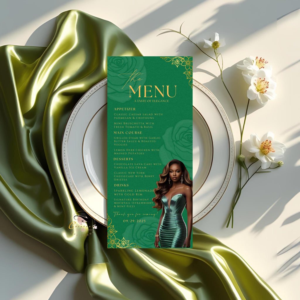 Editable Menu and Program Template Green Gold Birthday Dinner Menu cards with photo Retirement Party Program Printable Adult Floral Menu