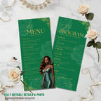Editable Menu and Program Template Green Gold Birthday Dinner Menu cards with photo Retirement Party Program Printable Adult Floral Menu