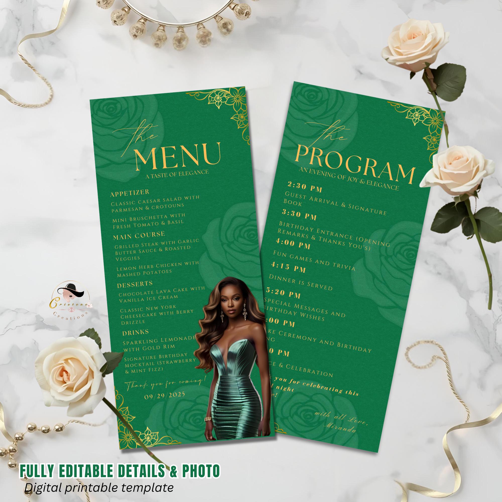 Editable Menu and Program Template Green Gold Birthday Dinner Menu cards with photo Retirement Party Program Printable Adult Floral Menu