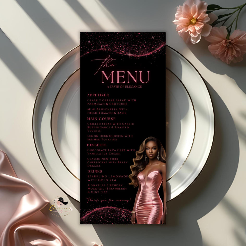 Editable Menu and Program Template Pink Black Birthday Dinner Menu cards with photo Retirement Party Program Printable Fuchsia Party Menu